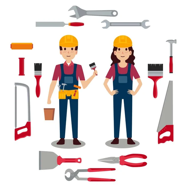 erkek ve kadın endüstriyel veya inşaat çalışanları karakter vektörleri ve inşaat araçları