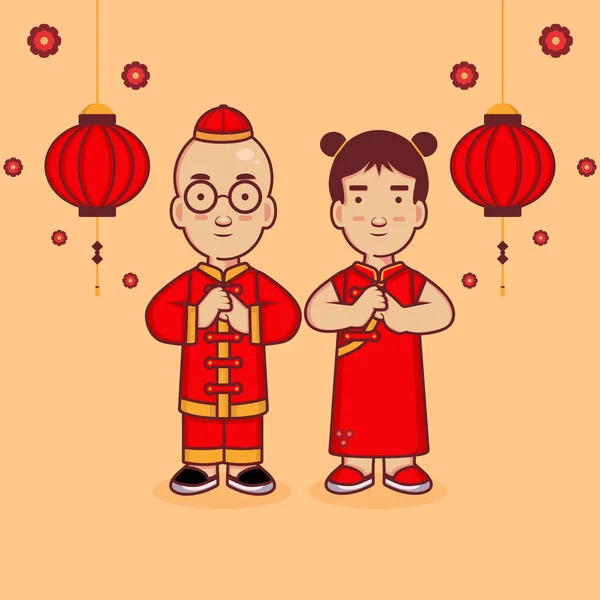 stock vector Chinese New Year illustration of boy and girl characters