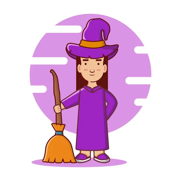 Vector Character Cartoon Witch Woman Hat Carrying Broom — Stock Vector