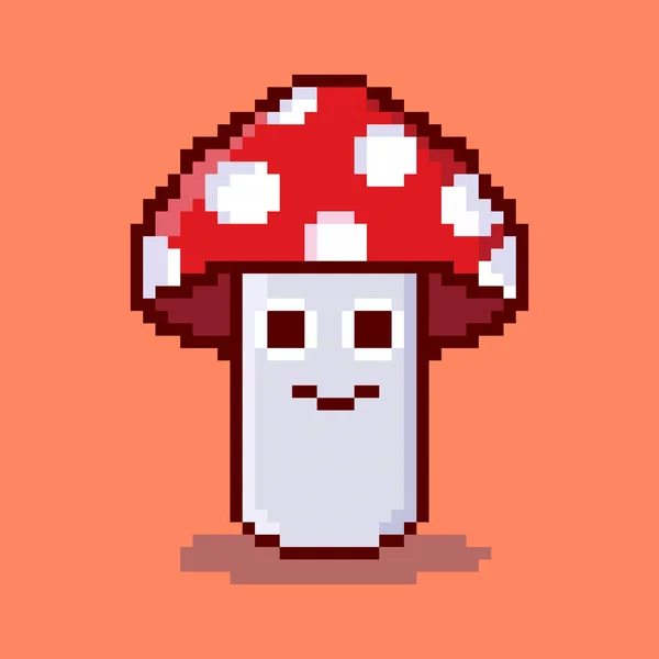 Mushroom Carácter Pixel Arte Sobre Fondo Banner Rojo — Vector de stock