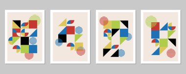 Soyut Bauhaus geometrik desen arka plan, vektör çember, üçgen ve kare çizgiler renk tasarımı. Renkli Bauhaus desen arkaplanı