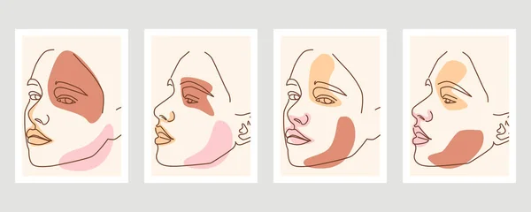 Collection Beauty Woman Face Minimal Hand Drawn Line Art — Stock Vector