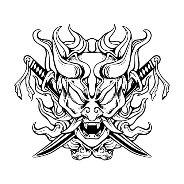 Ručně Kreslený Obrys Samurajské Lebky Meče — Stockový vektor