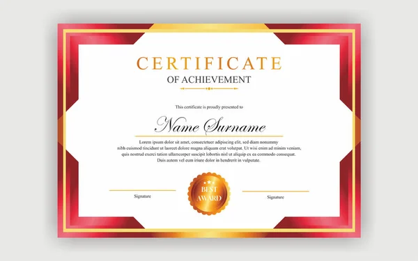 Сучасний Простий Дизайн Сертифіката Розкішний Сертифікат Червоний Золотий Колір — стоковий вектор