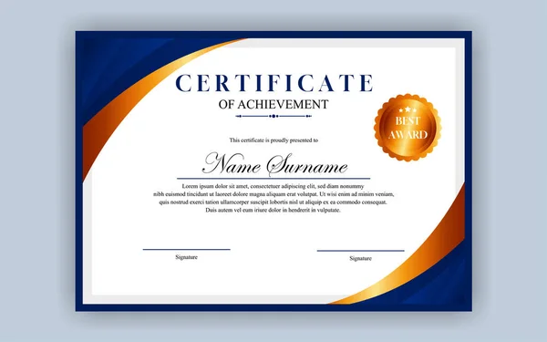 Design Certificado Simples Moderno Luxo Certificado Azul Cor Ouro — Vetor de Stock