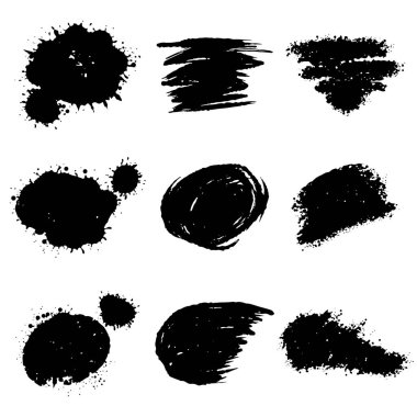 Siyah sıçrama koleksiyonu. Mürekkep lekesi. Sprey boyayla boyayın. Sprey boya elementleri. Siyah mürekkep sıçrama çizgileri ve damlalar. Boya fırçası, vuruş vektörü ayarlandı. Sprey boyayla boyayın..