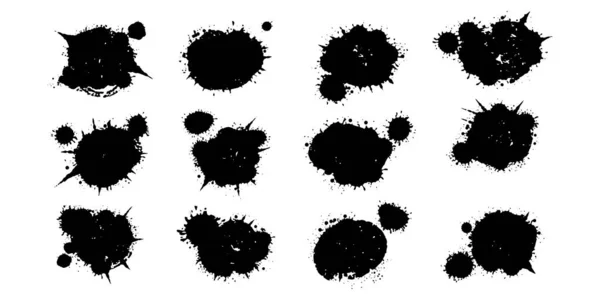 黑色飞溅集合 墨水污迹 喷上涂有污渍的油漆 一套喷漆元件 黑色墨水飞溅线和滴落 笔划矢量集 用喷雾剂把形状涂上污迹 — 图库矢量图片