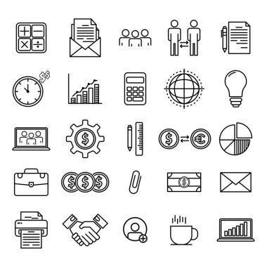 İş simgesi seti. İş adamı çizgisi simgesi. İş ve Finans web simgesi. Para, banka, takım çalışması, insan kaynakları, bağlantılar, bilgi grafikleri.