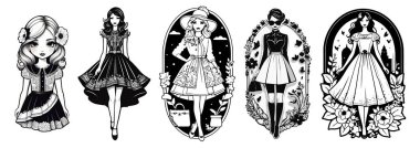 Siyah beyaz bir kadınla moda butiği. El çizimi vektör