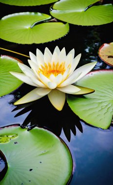 Nilüferler yeşil zambaklarla çevrili bir gölette yüzüyorlar..