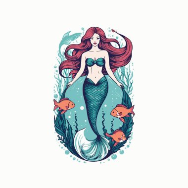 El yapımı deniz kızı tipografi vektörü. İçinde su elementleri ve 