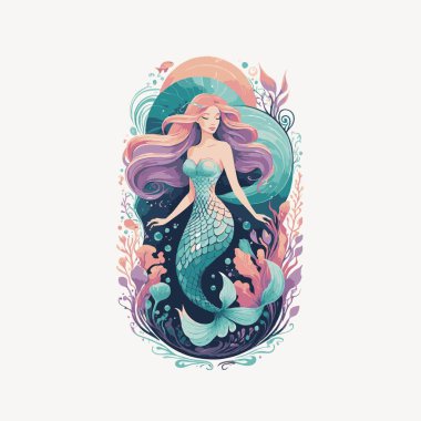 Değişik tipografi vektör tasarımı dalgalı saçlı ve kaligrafik metinli sihirli deniz kızı Siren Rüyaları rengarenk paletinde.