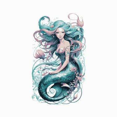 Değişik tipografi vektör tasarımı dalgalı saçlı ve kaligrafik metinli sihirli deniz kızı Siren Rüyaları rengarenk paletinde.