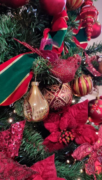 Gros Plan Des Décorations Noël Sur Arbre Noël Cadre Complet — Photo