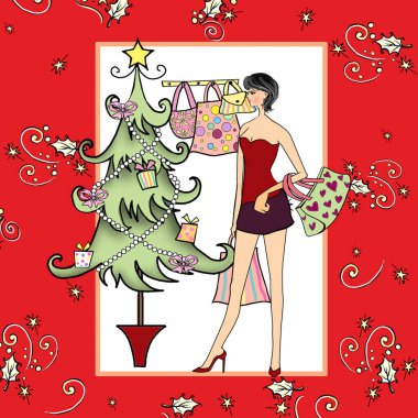 Noel ağacı ve hediyeleri olan zarif giyimli bir kadınla Noel tasarımı.