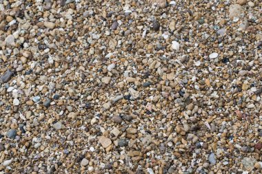 Arka plan ve doku için sahilde yumuşak yuvarlak çakıl taşları.