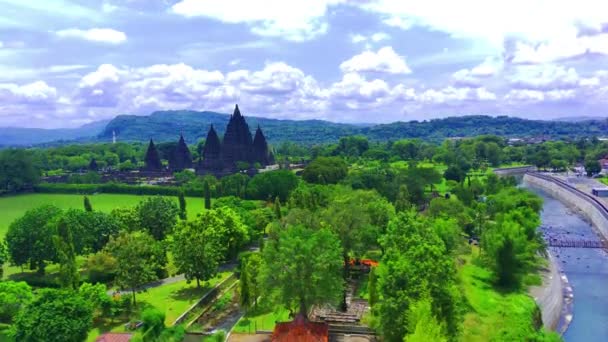 Aerial Shot Candi Prambanan Prambanan Temple Hinduism Temple Central Java — Stockvideo