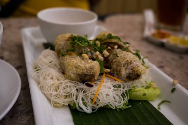 Plate Of Vietnamese Fried Spring Rolls With Vermicellu and Dipping Sauce. Close up shot.