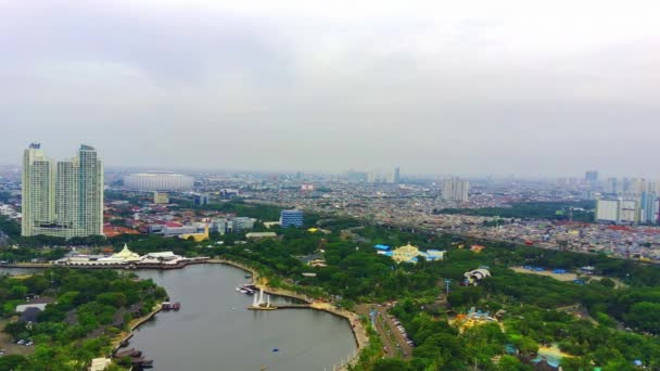 Luchtfoto Van Marina Beach Ancol Jakarta Indonesië Drone Beelden — Stockvideo