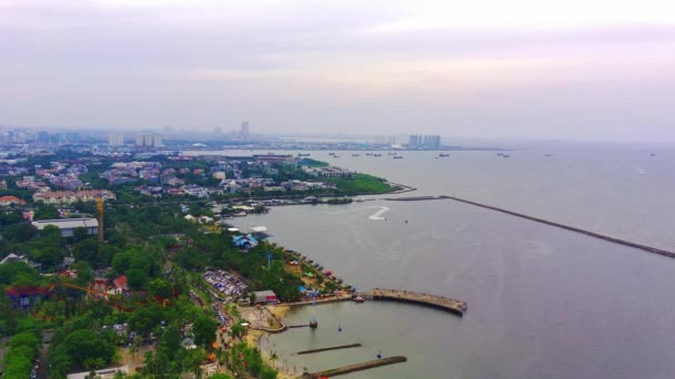 Aerial Shot Marina Beach Ancol Jakarta Indonesia Drone Footage — Stockvideo