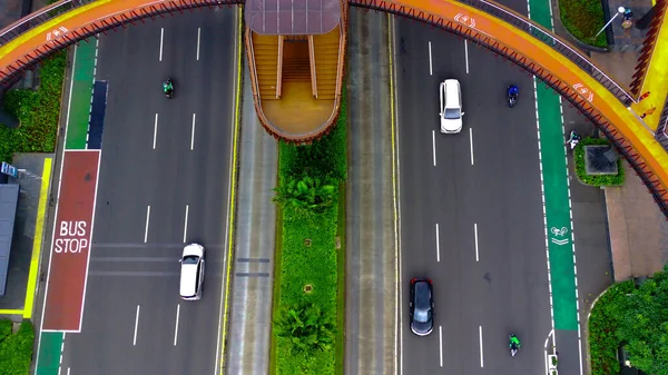 4 February 2023. Pedestrian Bridge named Phinisi on Sudirman Street, Jakarta. Indonesia. Aerial footage taken by drone.