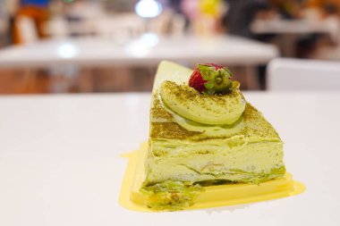 Krepli krep peynirli keki kapat. Yemek fotoğrafçılığı.