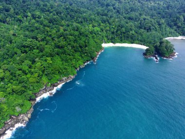 Endonezya, Banyuwangi 'deki Teluk Ijo veya Green Bay' in güzel manzarası. Hava Fotoğrafçılığı.