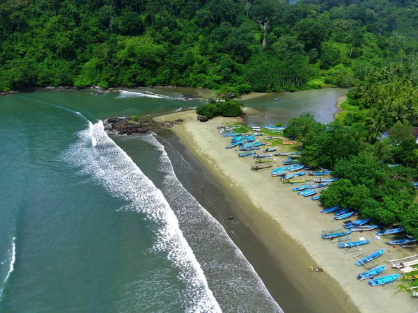 Vista Aérea Barcos Amarrados Frente Playa Rajegwesi Banyuwangi Indonesia Foto — Foto de Stock