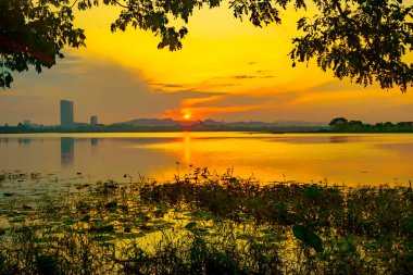 Güneş doğarken Endonezya, Doğu Cava ve Endonezya 'daki Waduk Bunder veya Water Baraj Bunder' ın güzel manzarası.