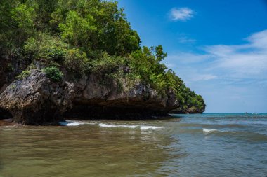 Tanjung Kasap ya da Kasap Burnu, Pacitan, Endonezya 'daki kayalıklardaki ormanları keşfetmek. Fotoğraf Hint Okyanusu 'ndaki bir tekneden çekildi. Doğa Fotoğrafçılığı.
