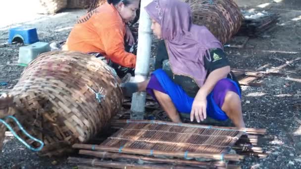 Mei 2023 Persiapan Untuk Mengeringkan Ikan Asin Atas Baki Bambu — Stok Video