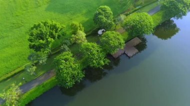 Hava aracının çektiği manzara çok güzel. Semarang, Endonezya 'da orman ağaçları ve sakin sakin bir göl. Doğa ve kepçe görüntüler.