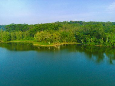 Lembah Jaibarang, Semarang, Endonezya 'da yemyeşil ağaçları, bitkileri ve evleri olan dalgalı bir gölün hava görüntüleri. Drone fotoğrafçılığı.