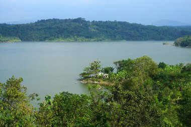 Semarang, Endonezya 'daki bir orman tepesinden waduk jatibarang veya jatibarang barajı manzarası. Doğa Fotoğrafçılığı.