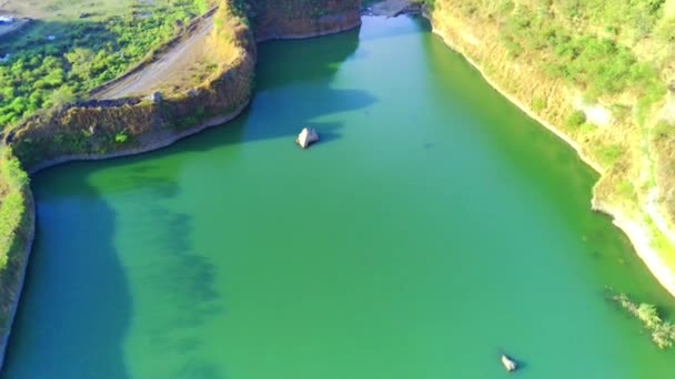 Aerial Drone Glides Abandoned Mine Capturing Eerie Beauty Nature Reclaiming — Stock Video