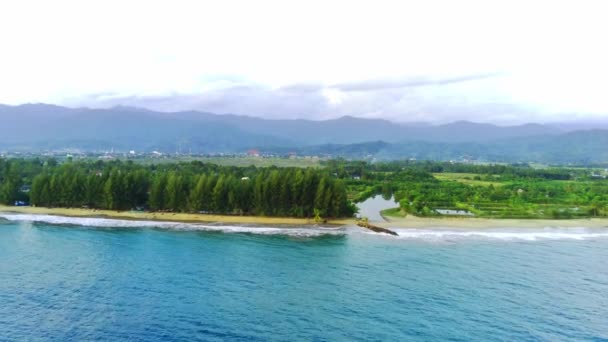 美丽的巴厘岛海滩在印度尼西亚西南亚齐的布兰吉皮迪 蓝色的大海和蓝色的天空形成了空中无人驾驶飞机的对比 沙滩上的绿松树映衬着天空 — 图库视频影像