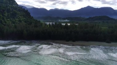 Endonezya 'nın Aceh Jaya kasabasında Babah Ie köyünde çam ağaçları olan güzel savana, gölet ve güzel plaj manzarası. Doğal insansız hava aracı görüntüleri.