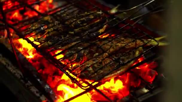伝統的なインドネシアの焼き魚料理は スパイスとハーブのブレンドでマリネした後 大きな火で焼きました その結果 満足のいく食事に最適な風味豊かでジューシーな魚です — ストック動画