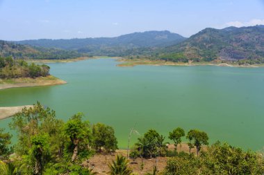 Tulungagung 'daki mavi gökyüzünü ve beyaz bulutları yansıtan heybetli tepelerle çevrili sakin bir adam göl yaptı.