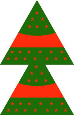 Kırmızı, yeşil süslemeli ve kırmızı yıldızlı Noel ağacı. Noel tasarımları için.