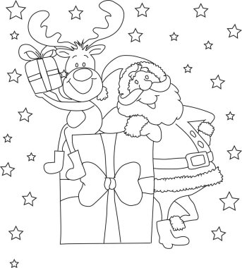 Kırmızı burunlu bir ren geyiği Noel Baba 'nın yanında toynaklarıyla bir hediye tutuyor. Renklendirme etkinliği