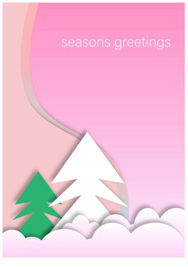 Noel ağaçlarının ve pembe arka planlı bulutların tasarımı gibi kesilmiş kağıtlar. Noel İllüstrasyon vektörü için