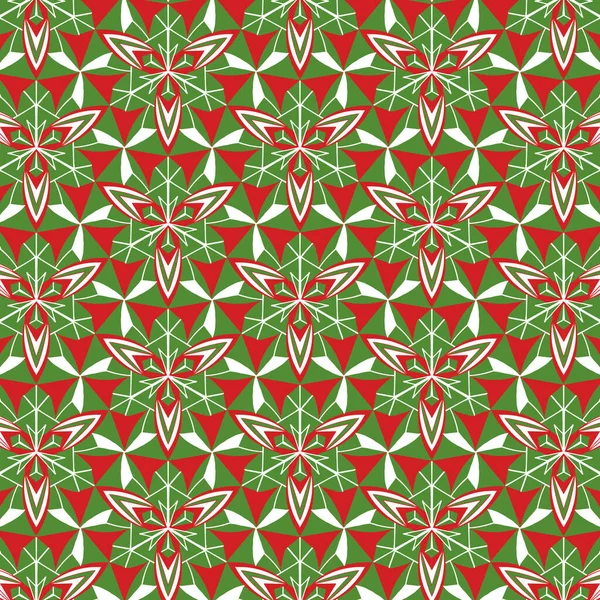 A seamless pattern of red, green, and white snowflakes on a white background, arranged in a circular pattern, with complementary colors. Illustration for Christmas designs.