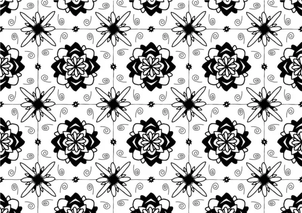 Schwarz Weißes Nahtloses Muster Mit Blumen Und Wirbeln Auf Weißem — Stockvektor