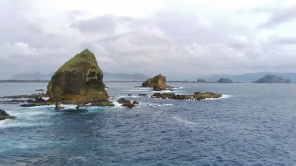 Аэросъемка Пляже Папума Джембер Индонезия Густыми Растениями Возвышающимися Скалами Океанскими — стоковое видео