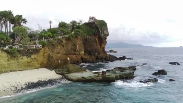 Drone Shot Papuma Beach Jember Indonesia Thick Vegetations Towering Cliff — Stock Video