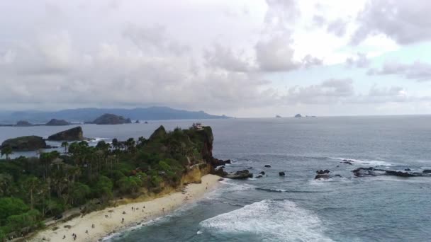 Drone Shot Papuma Beach Jember Indonesia Thick Vegetations Towering Cliff — Stok Video