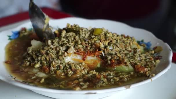 一盘龙通Kupang 一种传统的印度尼西亚汤 用蒸米糕和小贻贝制成 与贻贝同食 — 图库视频影像
