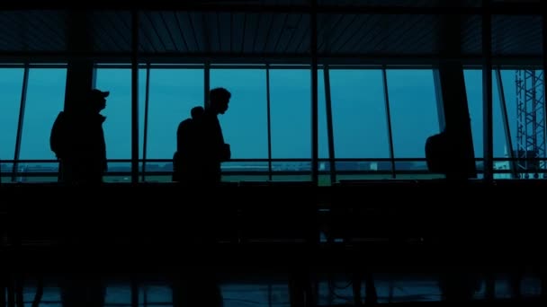 Windows Warm Glow Figures Motion Silhouettes Passengers Juanda Airport Surabaya — Stock Video