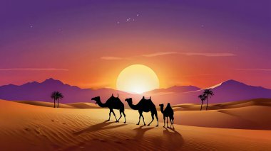 Silhouette camels walking along in the desert during beautiful sunset clipart